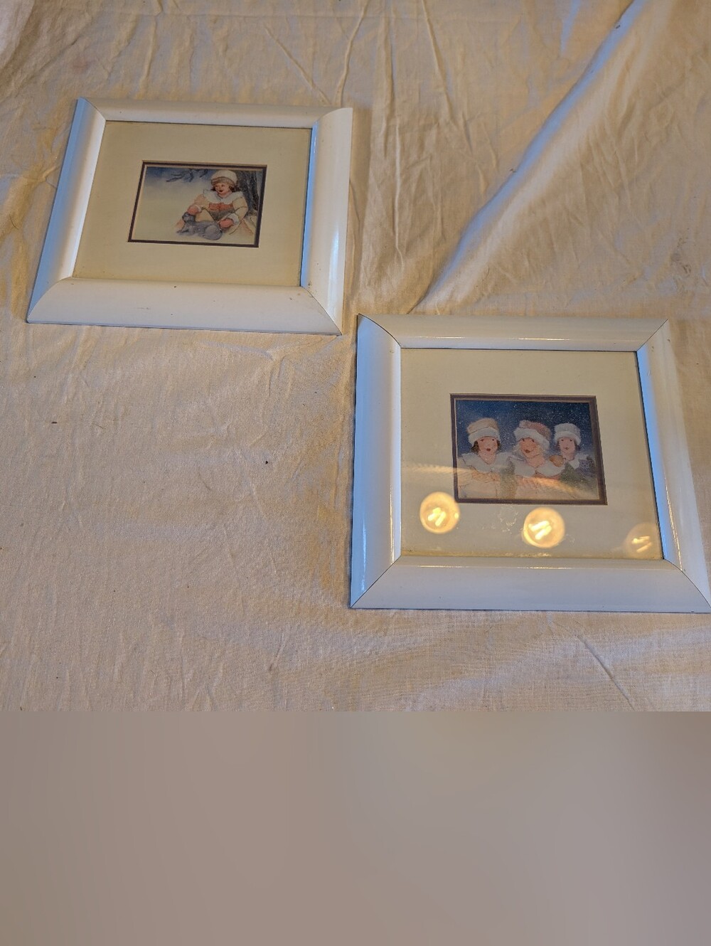 2/40$ Vintage White Framed Winter Scene With Cat Illustration Pair